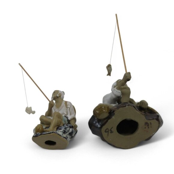 Chinese MUDMAN FISHERMEN Figurines Set Of 2 With Fishing Rods and Fish Vintage - Picture 7 of 10